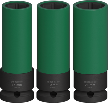 Jogo de soquetes de impacto Bosch PRO extra profundos de 17, 19, 21 mm.